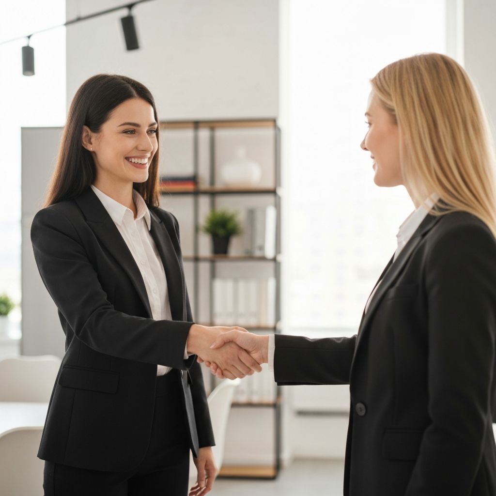 Two women in business attire shake hands