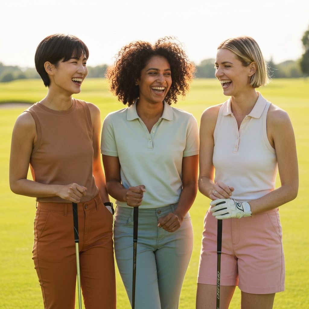 three women laugh together on a golf course